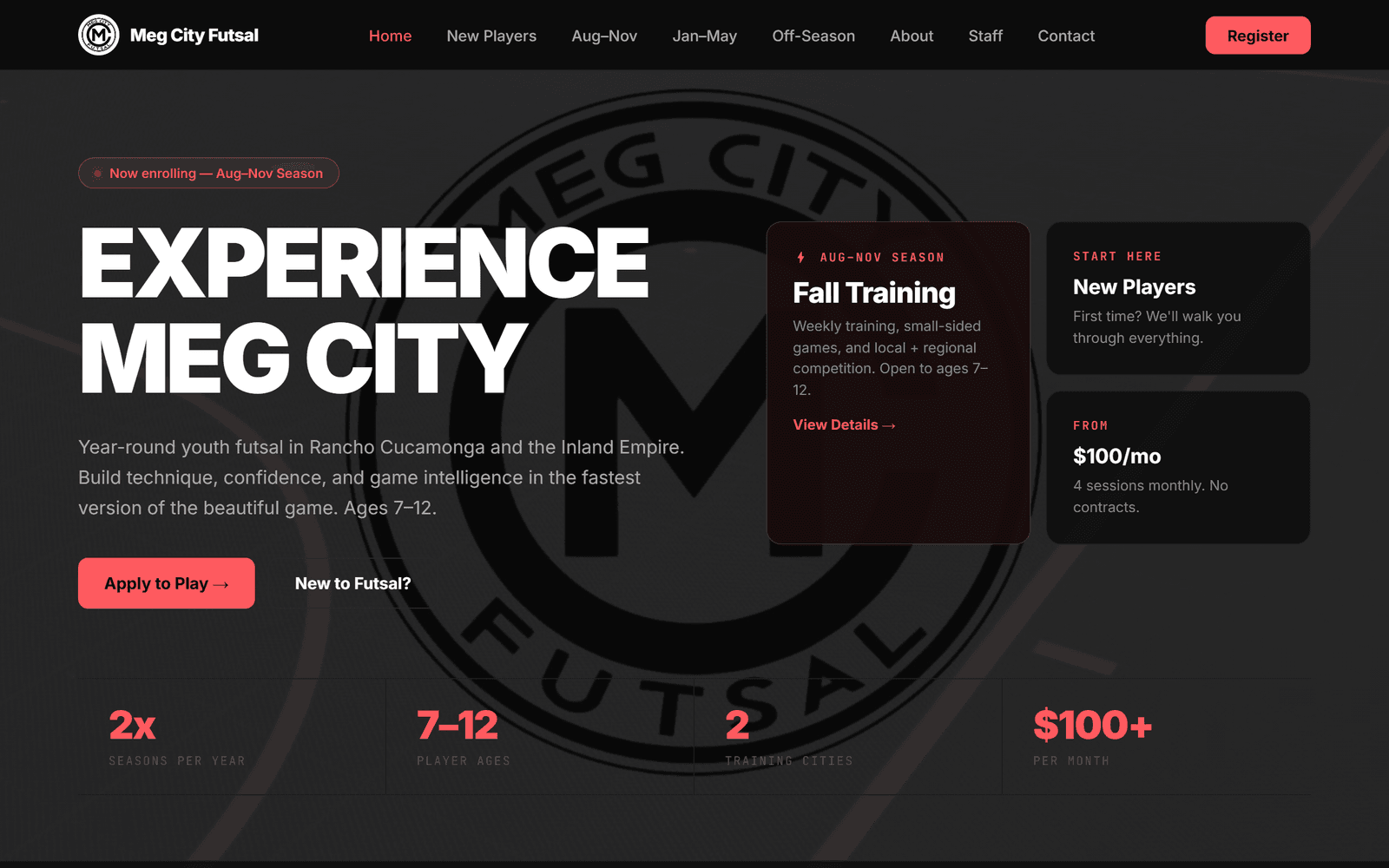 Screenshot of the Meg City Futsal website